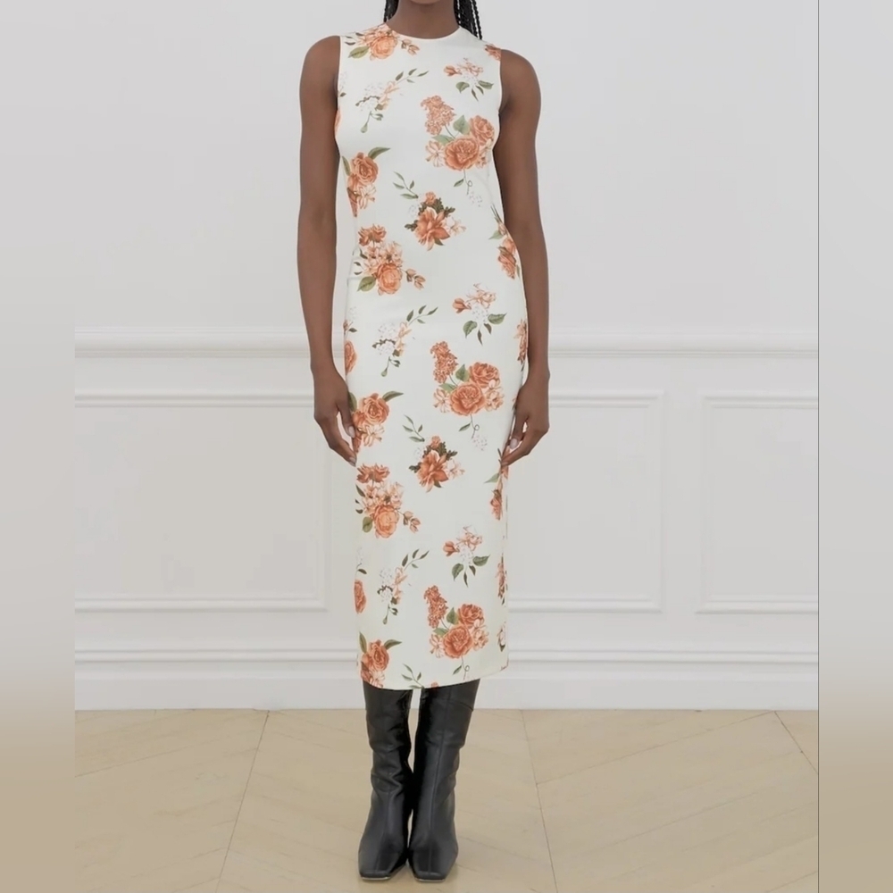 WeWoreWhat MUSCLE TANK MIDI DRESS NEUTRAL FLORAL IVORY MULTI, Size Small